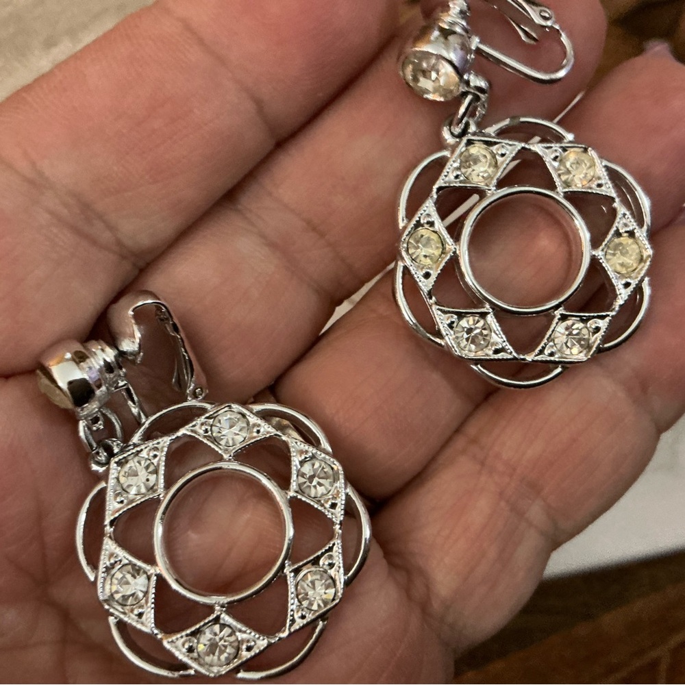 Silver-Tone Crystal Floral Drop Earrings - Silver Clip On